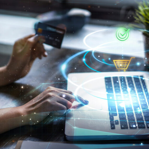 Imported featured image Modern money transaction transfer technology payment successful using laptop computer smart pay credit card billing info, online shopping ecommerce store ordering products, futuristic graphics icons