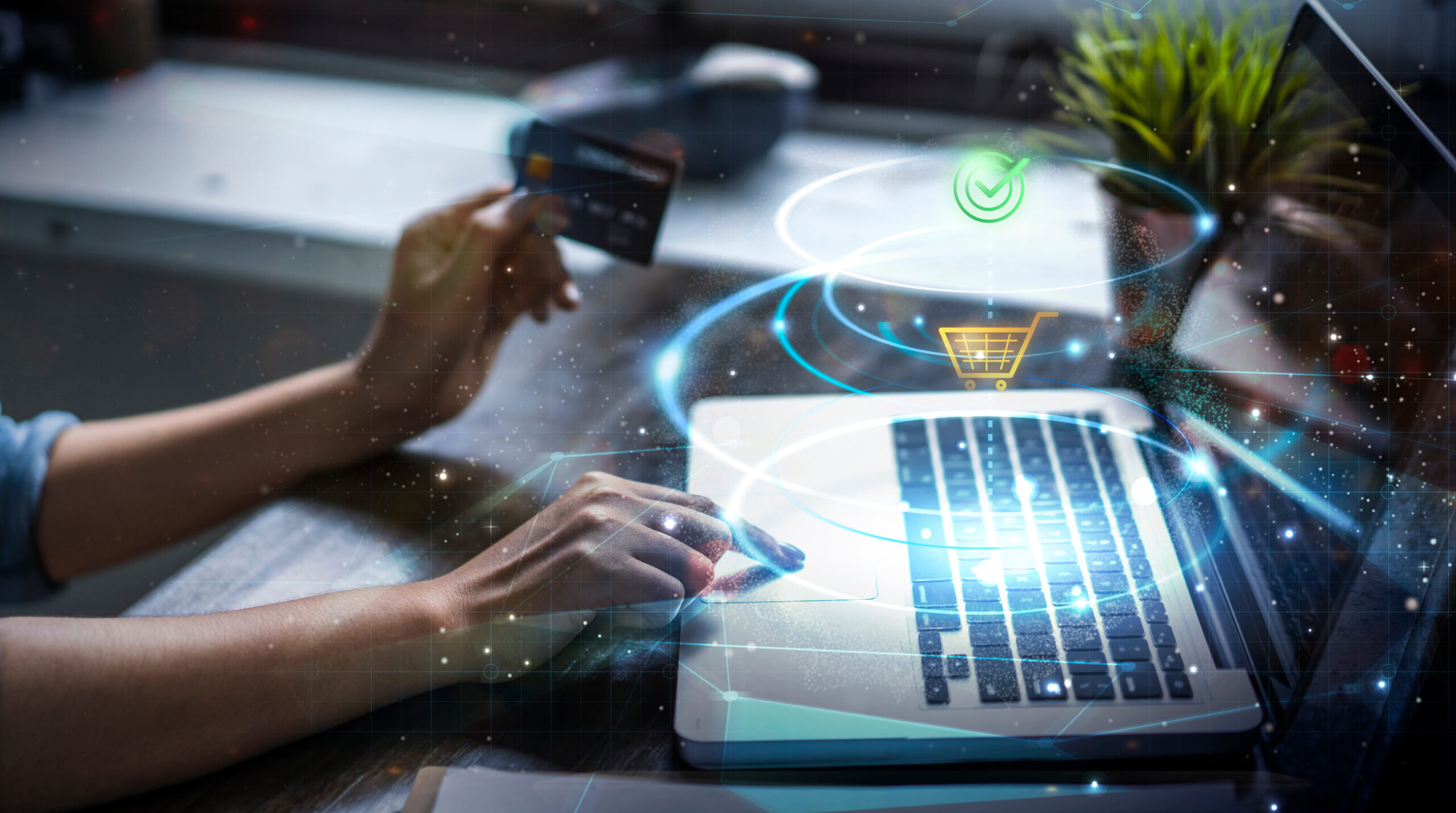 Modern money transaction transfer technology payment successful using laptop computer smart pay credit card billing info, online shopping ecommerce store ordering products, futuristic graphics icons