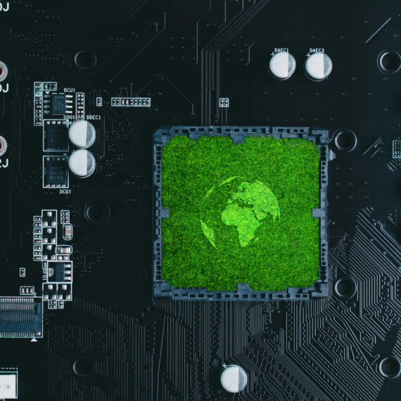 Concept of green technology. green world icon on circuit board technology innovations. Environment Green Technology Computer Chip.Green Computing, Green Technology, Green IT, CSR, and IT ethics