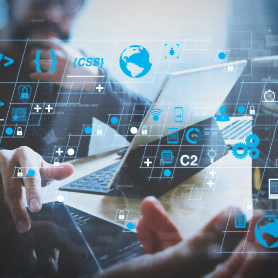 Coding software developer work with AR new design dashboard computer icons of scrum agile development and code fork and versioning with responsive cybersecurity.web designeer working.